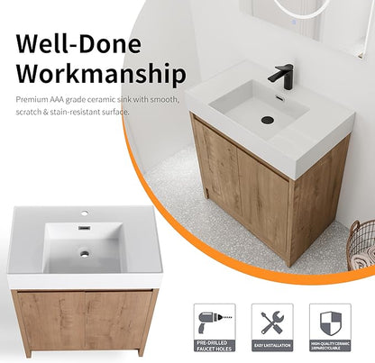 30'' Freestanding Bathroom Vanity, 30 Inch Floor Stand Bathroom Vanity with Sink, Single Resin Sink Cabinet Set, Modern Storage Cabinet, with Soft Closing Door, 03630IMO+30120MMO