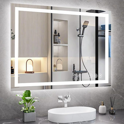 Koonmi 48x36 LED Bathroom Mirror with Light, Anti-Fog, 3 Colors | Backlit + Front Lit, Dimmable Brightness, Shatterproof HD Distortion-Free Tempered Glass, Hardware Included