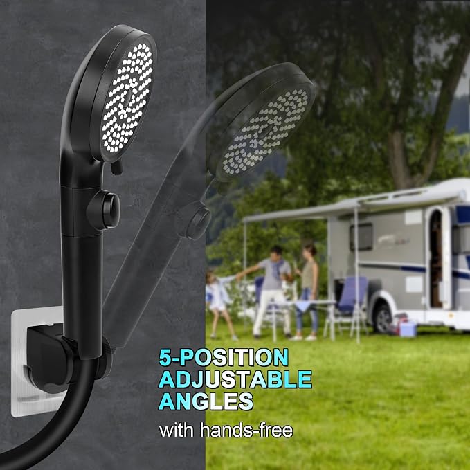FOCSPROD RV Shower Head with Hose, High Pressure 5 Mode Shower Head Replacement, Handheld Showerhead for RV/Campers, Travel Trailer for Water Saving, Showerheads Holder and Hose, On Off Switch, Black