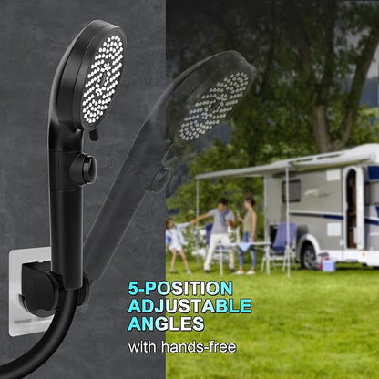 FOCSPROD RV Shower Head with Hose, High Pressure 5 Mode Shower Head Replacement, Handheld Showerhead for RV/Campers, Travel Trailer for Water Saving, Showerheads Holder and Hose, On Off Switch, Black