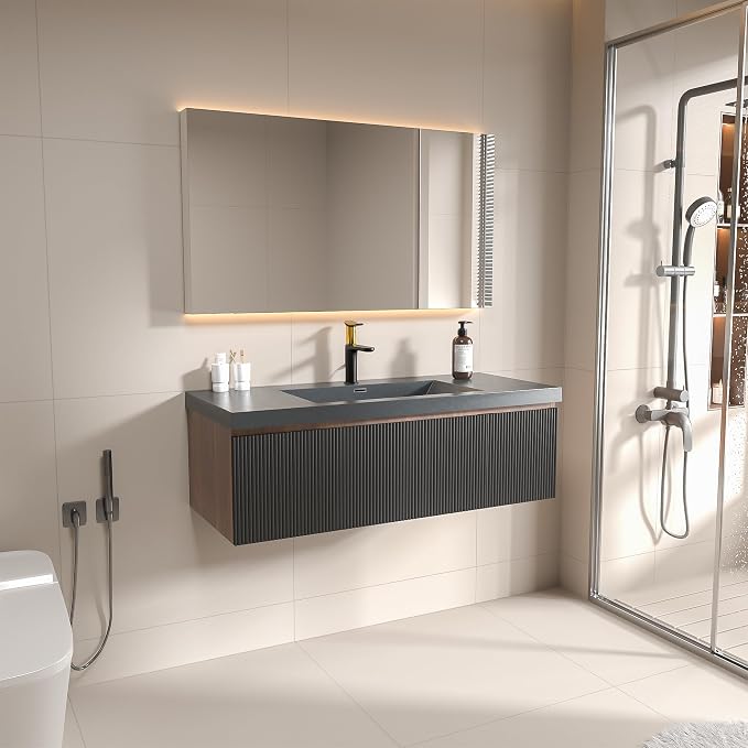 48 Inch Floating Bathroom Vanity with Sink, Modern Black Wall Mounted Floating Vanity with Scratch-Resistant Quartz Sand Basin, Soft Closing Drawers, Fully Pre Assembled Bathroom Vanity