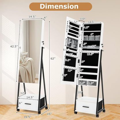 GOFLAME Rolling Jewelry Armoire Cabinet, Full Length Mirror with Storage, Floor Standing Lockable Jewelry Cabinet with Wheels, Drawers & Shelves, Large Capacity Jewelry Box Organizer (White)