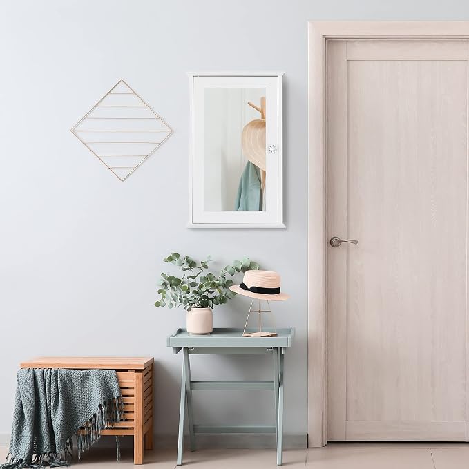 Karl home White Wall Mounted Medicine Cabinet, Single Mirror Bath Storage | Wooden Wall Cabinet with Adjustable Shelves for Bathroom, Living Room, Entryway Storage