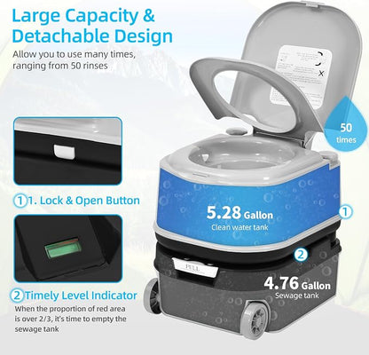 YITAHOME 5.28 Gallon Portable Toilet for Camping | RV Travel Porta Potty with Press Flush Pump, Leak-Proof, Level Indicator, Rotating Spout for Adults, Campers, RV, Boating