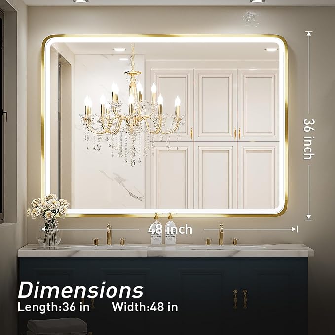48X36 Inch LED Gold Frame Bathroom Mirror,3 Color | ETL Listed,Anti-Fog,3000K/4500K/6000K Dimmable,Horizontal & Vertical,Wall Mounted,Memory Function