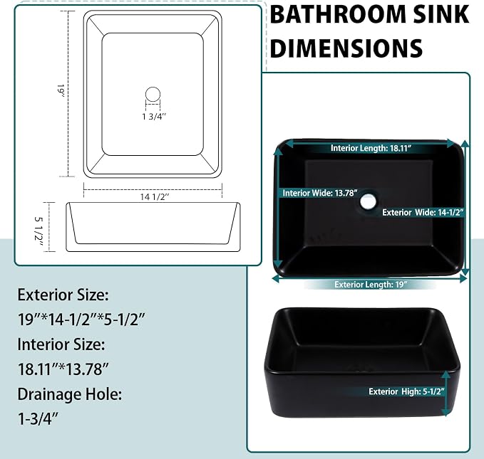 19x15 Black Topmount Vessel Bathroom Sink | black drop in dtopin top mount over counter rectangle bathroom sink