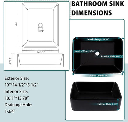 19x15 Black Topmount Vessel Bathroom Sink | black drop in dtopin top mount over counter rectangle bathroom sink