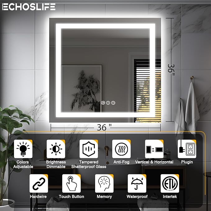 EchosLife 36"x36" Square LED Bathroom Mirror | Backlit + Front Lit, Anti-Fog, Stepless Dimmable, 3 Colors, Memory, Tempered Glass, UL Listed, Horizontal/Vertical