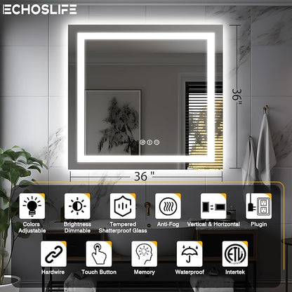 EchosLife 36"x36" Square LED Bathroom Mirror | Backlit + Front Lit, Anti-Fog, Stepless Dimmable, 3 Colors, Memory, Tempered Glass, UL Listed, Horizontal/Vertical