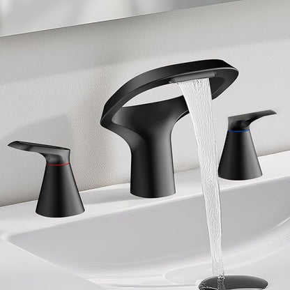 Matte Black Bathroom Faucet 3 Hole, Modern Faucet for Bathroom Sink with Adjustable Spout, Solid Brass 8 Inch Widespread Waterfall Bathroom Faucets with Supply Hoses and 2 Handles for Vanity Sink