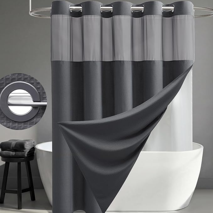 Charcoal Grey Hook Free Waffle Shower Curtain & Snap Liner,54x81 | Less Time to install, 3 in 1 Fabric Shower Curtain and Liner Set with Magnets, Stall, Long, Shower Curtains for Bathroom