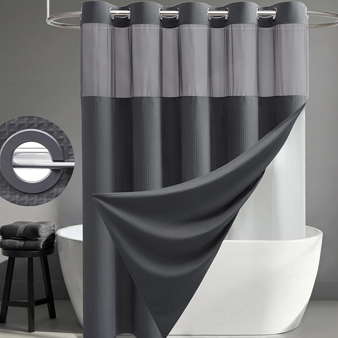 Charcoal Grey Hook Free Waffle Shower Curtain & Snap Liner,36x75 | Less Time to install, 3 in 1 Fabric Shower Curtain and Liner Set with Magnets, Stall, Shower Curtains for Bathroom