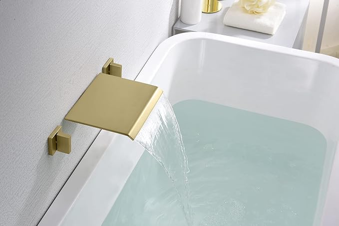 SUMERAIN Waterfall Tub Faucet Wall Mount Bathtub Faucet with Valve Brushed Gold Tub Filler 3 Hole, High Flow