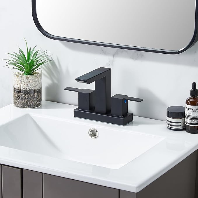 IKEBANA Matte Black Waterfall Bathroom Faucet, 4 inch 2 Handle 304 Stainless Steel Bathroom Sink Faucet, Modern Waterfall Spout Lead-Free Sink Faucets with Pop-up Drain and Supply Hoses