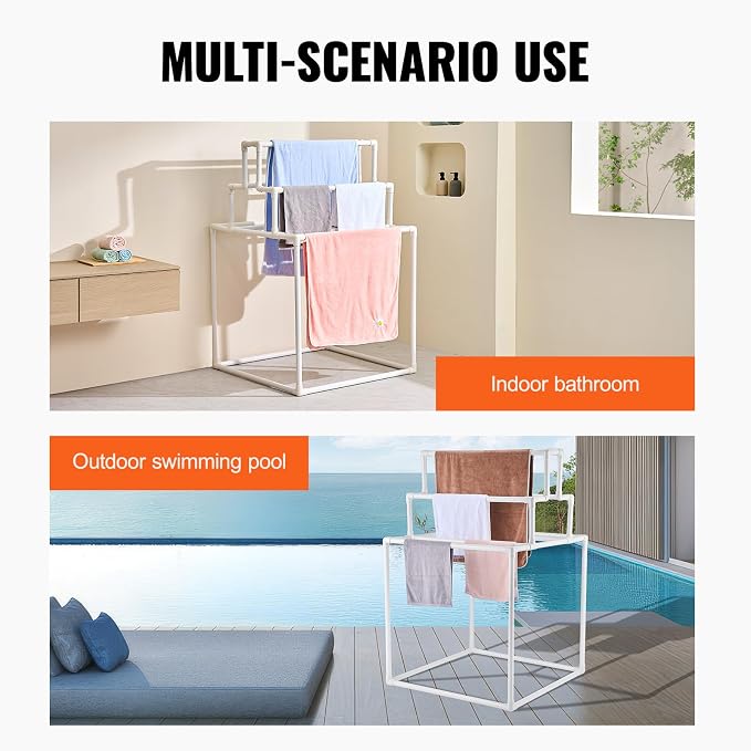 VEVOR Pool Towel Rack, 8 Bars Outdoor PVC Towel Holder, Freestanding Pool Towel Hanger Stand Next to Hot Tub, Outdoor Indoor Quilt Drying Rack Organizer, Ideal for Poolside, Bathroom, Spa, White