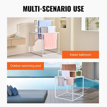 VEVOR Pool Towel Rack, 8 Bars Outdoor PVC Towel Holder, Freestanding Pool Towel Hanger Stand Next to Hot Tub, Outdoor Indoor Quilt Drying Rack Organizer, Ideal for Poolside, Bathroom, Spa, White