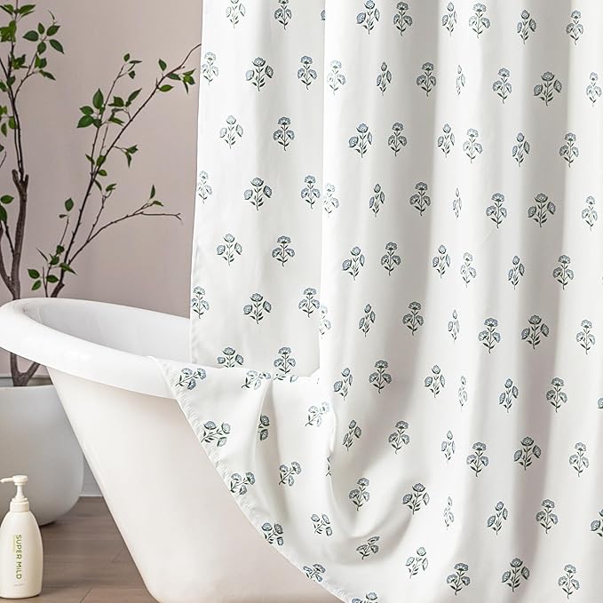 Stall Small Shower Curtain 36x72 for RV,Boho Farmhouse Blue and Green Floral Waterproof Fabric Half Size Narrow Shower Curtains for Dorm Camper