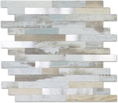 Yipscazo 20 Sheets Peel and Stick Wood Metal Tile Backsplash, Stick on Tiles for Backsplash Kitchen, Bathroom, Laundry Room, Camper, Fireplace (12'' X 12'', White Wood with Metal)