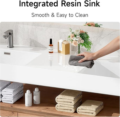 60 Inch Floating Bathroom Vanity with Double Sink, Modern Wall-Mounted Bathroom Cabinet with Resin Sink & Soft Close Drawer, Split-Level Layout (Nature Oak, 60" Double Sink)