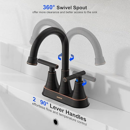 Bathroom Faucets for Sink 3 Hole, Hurran 4 inch Oil Rubbed Bronze Bathroom Sink Faucet with Pop-up Drain and Supply Hoses, Stainless Steel Lead-Free Centerset Faucets for Vanity RV, 2 Pack