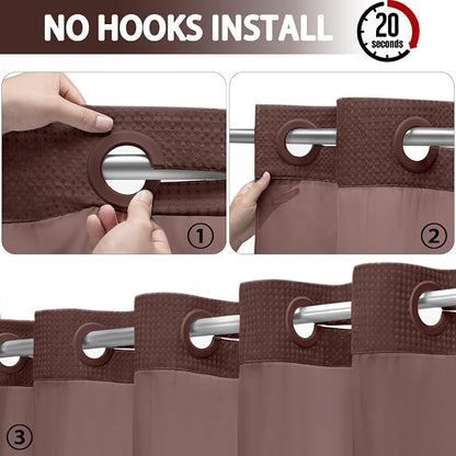 No Hook Shower Curtain and Liner Set,Brown Hotel Waffle Shower Curtain with Liner 75" L x 72" W