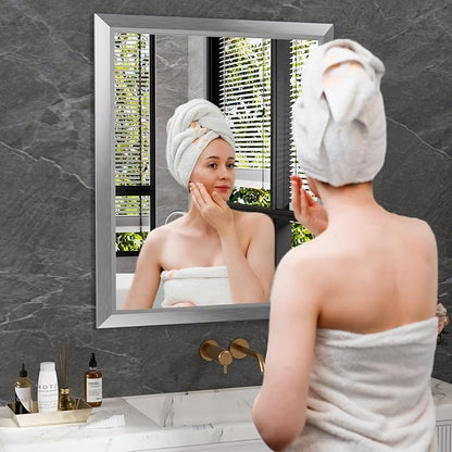 Bathroom Mirror for Wall, 24x36 Inch (Brushed Silver) | HD Reflection, Tempered Glass, Thick Metal Framed Rectangle Mirrors for Over Sink, Bedroom, Living Room, Entryway, Anti-Rust
