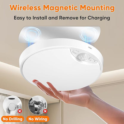 Rechargeable Motion Sensor Ceiling Light, 12000mAh Battery Closet Light | Wireless Battery Powered LED Shower Light, Magnetic Cordless Ceiling Light with Remote, Overhead Lamp for Pantry Shed, 2-Pack