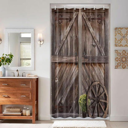 Rustic Barn Door Shower Curtains for Stall Cabin, Brown Woonden Board Farmhouse Bath Curtains, Vintage Countryside RV Shower Curtains for Campers Narrow Size Decor Curtains with Hooks 36X70IN