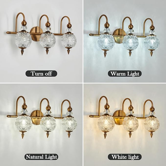 Vintage Bathroom Lights Fixtures Gold Vanity Light with Glass Globe LampShade 3 Light Mid Century G9 Bulb Wall Sconce Indoor Vanity Light Over Mirror for Kitchen Bedroom Farmhouse Living Room