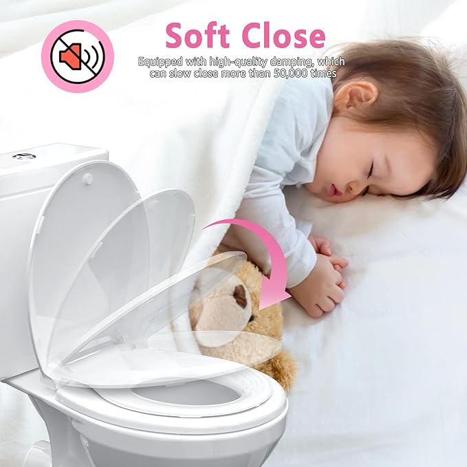 Toddler Toilet Seat with Potty Training Seat Round 16.5inch, 2 in 1 Toilet Seat for Family Built-in Baby Seat Removable, Soft Close + Easy Clean, PP Safe Material, White