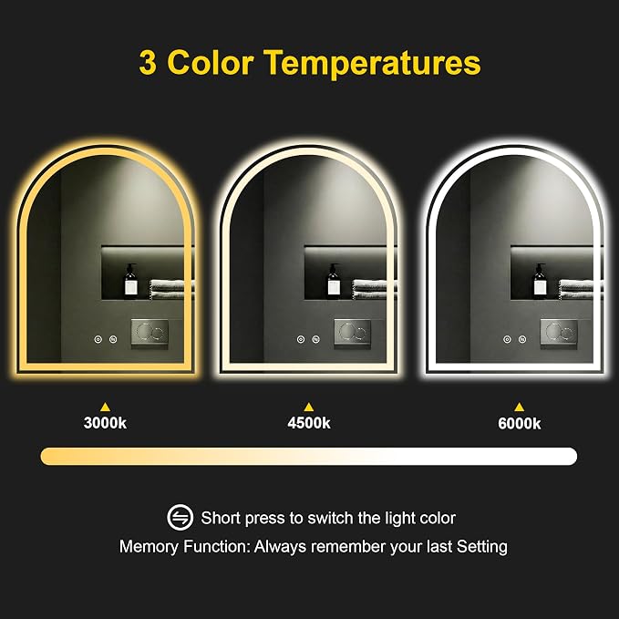 Arched LED Bathroom Mirror with Lights, 28" x 36" Lighted Vanity Mirror | Anti-Fog, Dimmable 3 Colors, Backlit + Frontlit, HD Shatterproof Tempered Glass, Memory Function