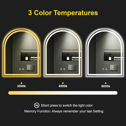Arched LED Bathroom Mirror with Lights, 28" x 36" Lighted Vanity Mirror | Anti-Fog, Dimmable 3 Colors, Backlit + Frontlit, HD Shatterproof Tempered Glass, Memory Function