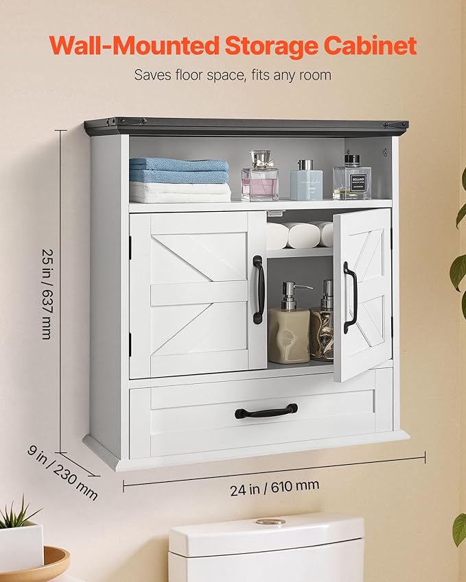 VEVOR Bathroom Wall Cabinet, 24" W x 25" H Storage Medicine Cabinet Wall Mounted, Hanging Organizer with Drawer & Open Partition for Laundry Room Kitchen Restroom, White