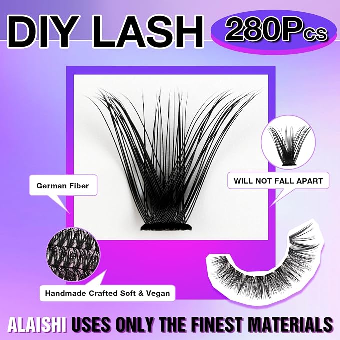 Lash Clusters DIY Cluster Eyelash Extensions 280pcs 9‑16mm 50D Fluffy D Curl Natural Volume Lashes–Waterproof Fake Cat Eye Individual Soft Lash Clusters（16MIX2-1-S）