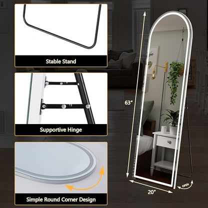 DUMOS Arched Full Length Mirror Lighted, 20"x63" LED Floor Standing Mirror | LED Lights 3 Color Lighting and Shatterproof Tempered Glass, Wall Hanging or Leaning, Floor Standing, Modern Home Decor