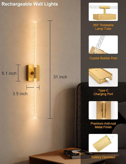 Rechargeable Wall Sconces Set of 2, Gold Crystal Bubble Wireless Wall Light | 10000mAh, Remote Control, 3000K-6000K Dimmable, 360° Adjustable, Ambient Lighting for Living Room, Bedroom, Picture, Bathroom