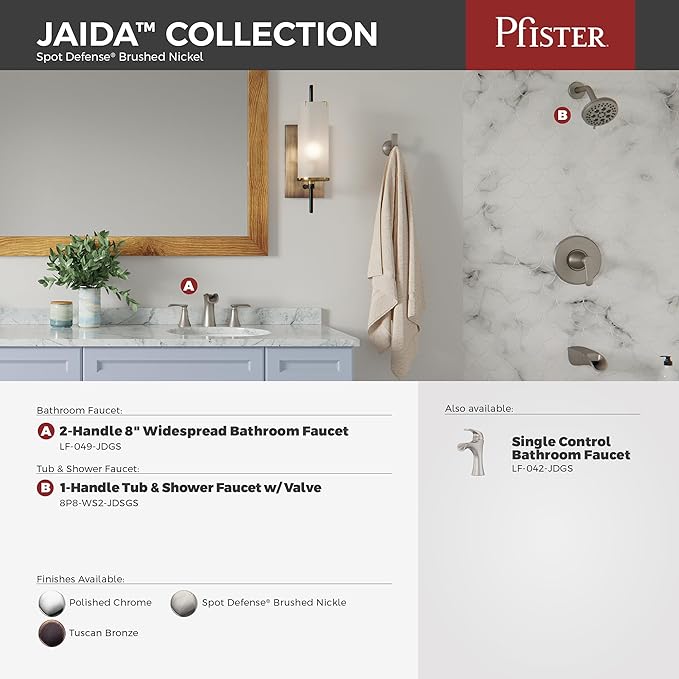 Pfister Jaida Bathroom Sink Faucet, 8-Inch Widespread, 2-Handle, 3-Hole, Spot Defense Brushed Nickel Finish, LF049JDGS
