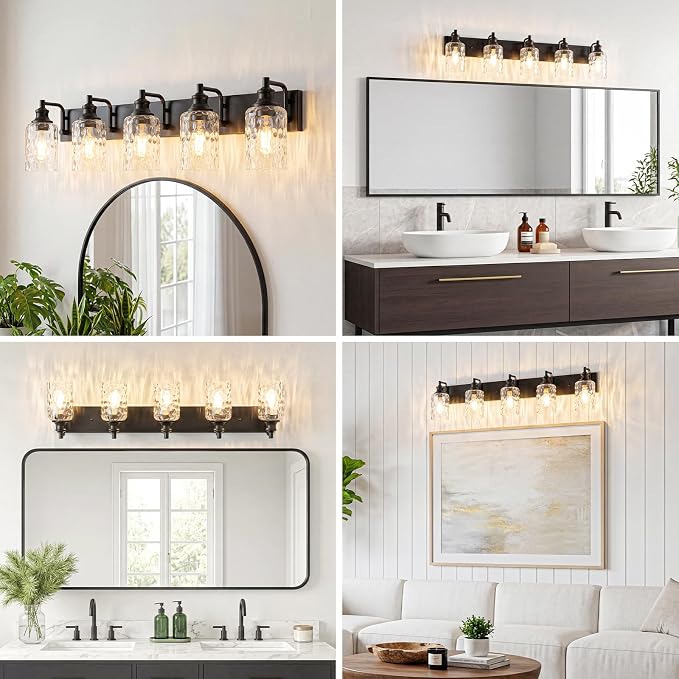 Bathroom Light Fixtures Over Mirror, 5 Lights Vanity Lights with Hammered Glass Shade, 37" Matte Black Farmhouse Bathroom Light Fixtures for Bedroom, Porch, Hotel, Mirror Cabinet