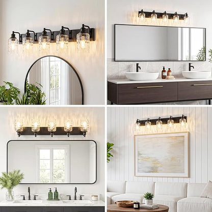 Bathroom Light Fixtures Over Mirror, 5 Lights Vanity Lights with Hammered Glass Shade, 37" Matte Black Farmhouse Bathroom Light Fixtures for Bedroom, Porch, Hotel, Mirror Cabinet