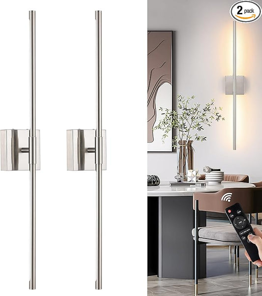 Battery Operated Wall Sconces Set of 2, Dimmable Battery Wall Sconce with Remote Control, Sand-Nickel LED Rechargeable Sconces, 30 Inch Modern Wireless Wall Lights for Bedroom, Living Room