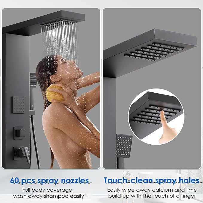ROVOGO Shower Panel Tower System with High Pressure Shower Head, Body Jets, Handheld and Tub Spout, 46.5"H x 7.8"W Shower Column Stainless Steel with Mixer Valve, Black