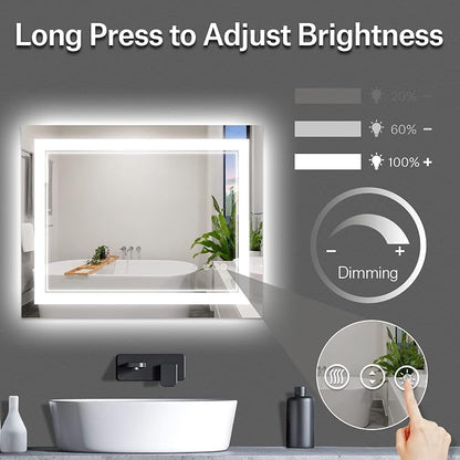 44x36 Inch LED Bathroom Mirror with Lights | Front and Backlit, 3 Colors, Dimmable, Memory, Anti Fog, Shatterproof, Horizontal/Vertical, Lighted Mirrors for Bathroom Wall