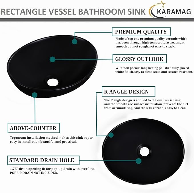 Oval Vessel Sink 16" x 13" Countertop Bathroom Sinks Modern Egg Shape Above Counter Matte Black Ceramic Small Sink Vessel Sinks for Bathrooms