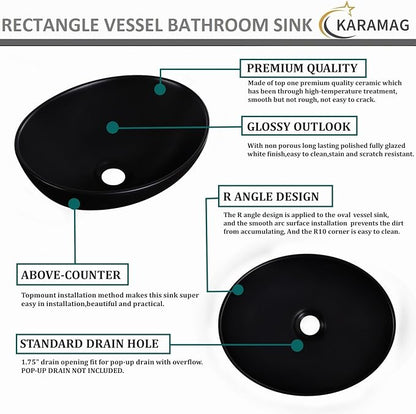 Oval Vessel Sink 16" x 13" Countertop Bathroom Sinks Modern Egg Shape Above Counter Matte Black Ceramic Small Sink Vessel Sinks for Bathrooms