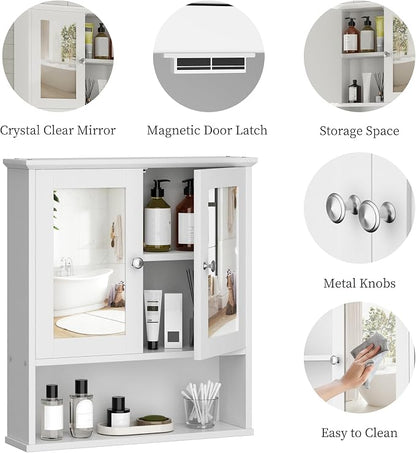 Shintenchi Bathroom Medicine Cabinet with Mirror, Wall Mounted, White | Over The Toilet Cupboard, Adjustable Shelf, Open & Concealed Storage, 2 Magnet Doors, Space-Saving, Easy to Clean
