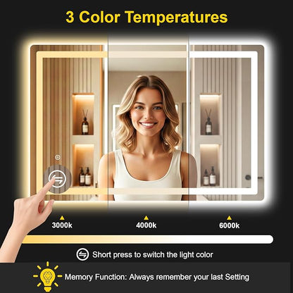 LED Bathroom Mirror with Lights, 30"x45" Lighted Vanity Mirror for Wall | Anti-Fog, Dimmable 3 Color Light, Backlit+Frontlit, Shatterproof Tempered Glass, Memory Function