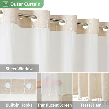 eachope Boho Farmhouse No Hook Shower Curtain Set with Snap-in Fabric Liner,Heavy-Duty Linen Textured Rustic Striped Design,Water-Repellent with Tassels and Sheer Window,Cream/Beige,71x74 | Snap-in Liner,330GSM Thick Linen Textured Rustic Striped Desig...