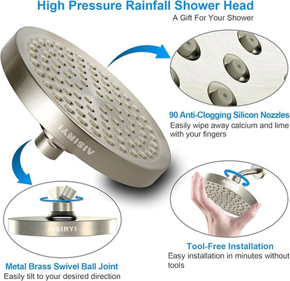 6" High Pressure Rain Shower Head, Luxury Brushed Nickel Finish | 6 Inch Fixed Bathroom Showerhead, Adjustable Replacement, 90 Anti-Clog Nozzles, Removable Restrictor, Tool-Free Easy Install