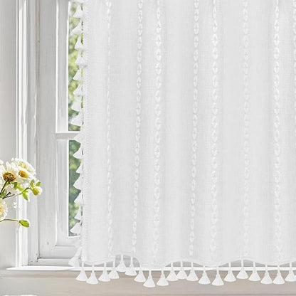 Seenus Boho Farmhouse Window Curtain with Tassels, 30 x 24 Inch Light Filtering Sheer Short Cafe Window Curtain Tier, White Linen Textured Pleated Small Window Drape for Kitchen or Bathroom, 1 Panel