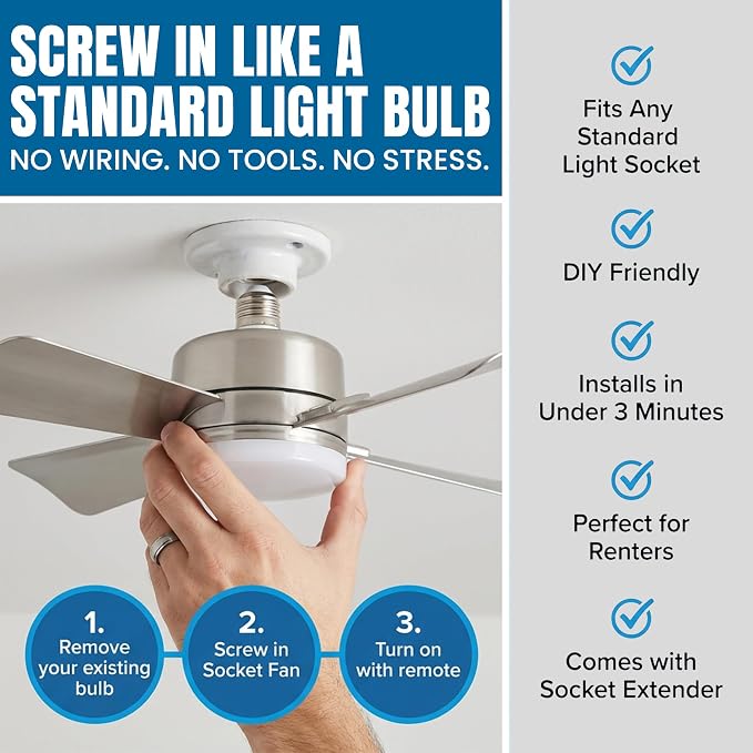 Bell+Howell Socket Breeze 15.4" Socket Fan Light with Remote Control | 1000 Lumens, 3 Fan and Light Modes, Portable, Easy to Install Ceiling Fan Replacement for Bedroom, Kitchen, Living Room